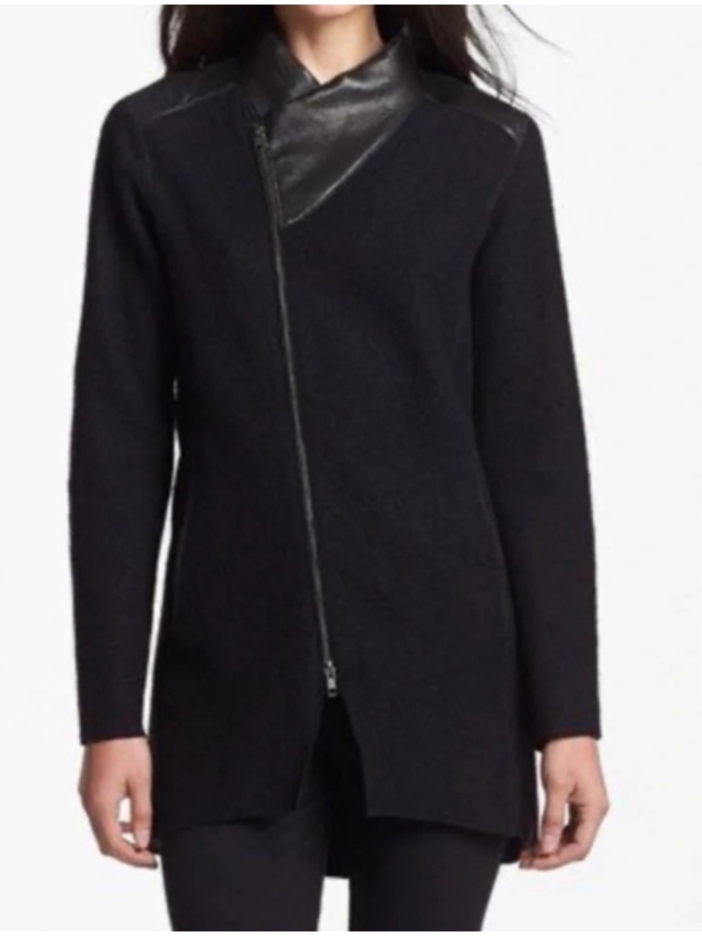 Eileen Fisher Black Boiled Merino Wool & Leather Moto Zipper Coat